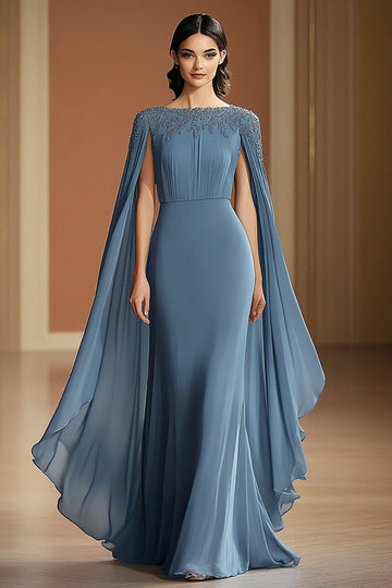 Grey Blue Chiffon Long Boat Neck Sheath Formal Dress with Beading